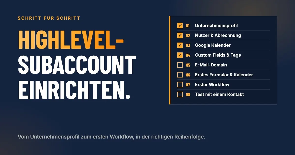 So richtest Du einen HighLevel-Subaccount ein: eine Checkliste vom Unternehmensprofil bis zum ersten Workflow