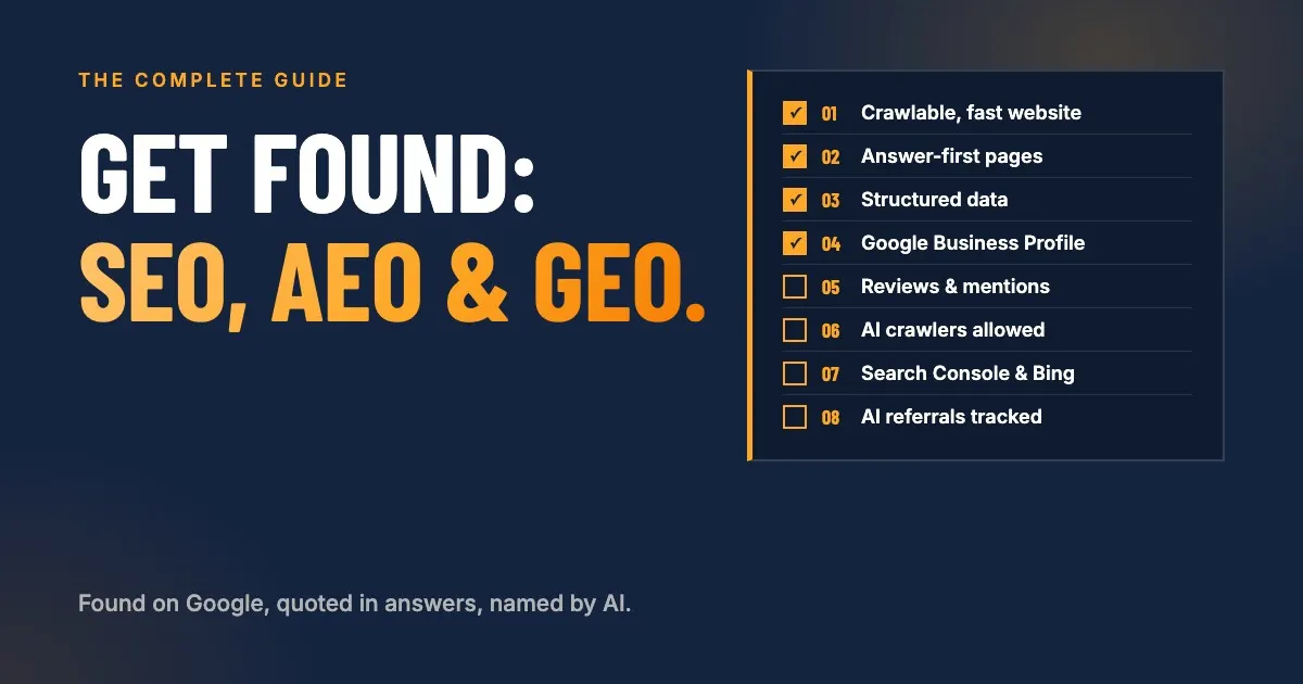 SEO, AEO and GEO: the complete guide, with a checklist from a crawlable site to tracked AI referrals